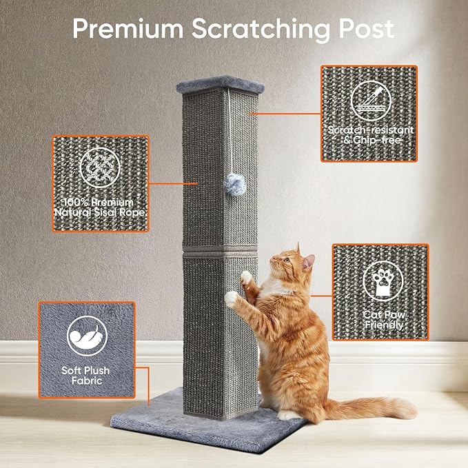 Cat Scratching Post 32 Inch for Indoor Large Cats and Kitten, Nature Sisal Tall Cat Scratch Post, Sisal Cat Scratcher Improve Cat's Scratching Habits and Protect Your Furniture, Dark Grey