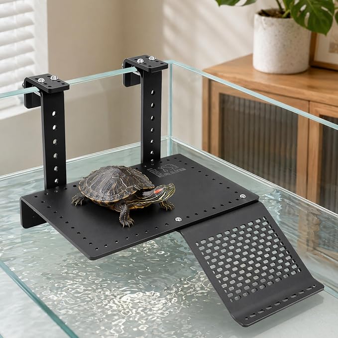Turtle Basking Platform, Adjustable, Acrylic, Non-Slip Ramp, 0.3"–2" Rim | Heat-resistant acrylic, stable non-fall basking platform, adjustable height, fits 0.3–2" rims, draining anti-slip ramp