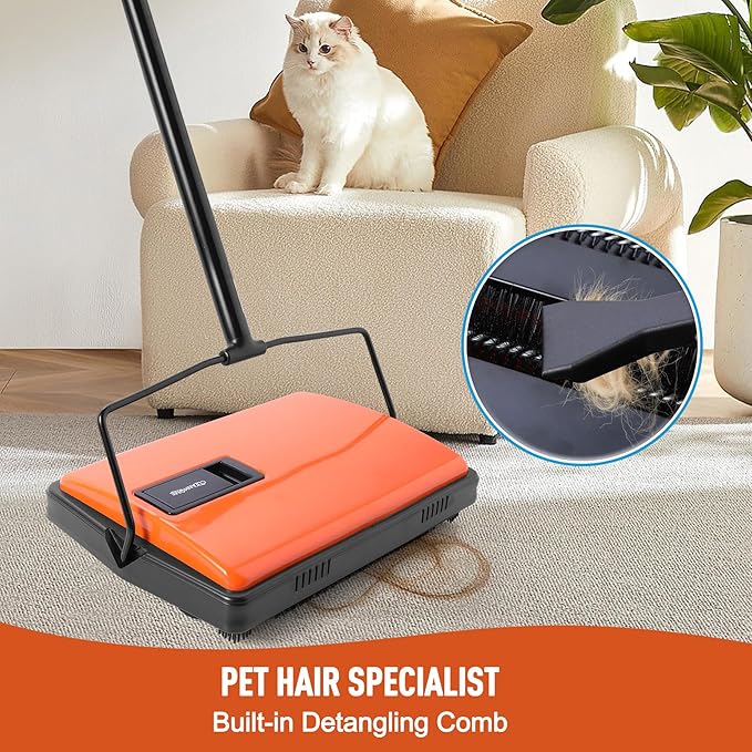 CLEANHOME Manual Carpet Sweeper for Pet Hair - Rotating Brush Floor Sweeper, Lightweight Push Broom for Classroom Rugs, Non-Electric Lint & Crumb Cleaner, Easy-Dump Dustbin, No Batteries Needed