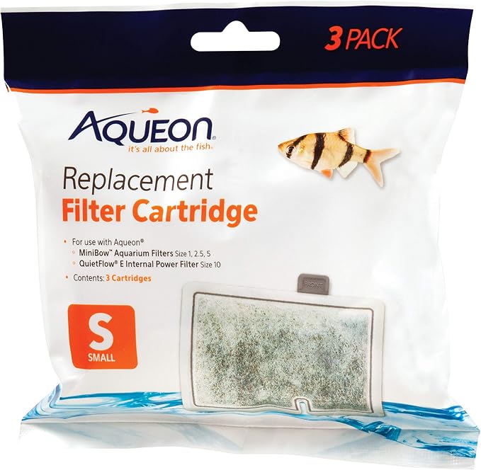 Aqueon Genuine Aquarium Fish Tank Replacement Filter Cartridges Small - 3 Pack | Aquarium filter media with activated carbon, dual-sided dense floss, fits QuietFlow E 10 and MiniBow 1, 2.5, 5