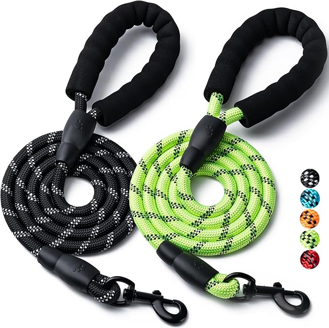 2 Pack Dog Leash, 4/5//6 FT Heavy Duty Nylon Rope Pet Leashes with Comfortable Padded Handle, Reflective Dog Leashes for Small Medium and Large Dogs (5FT-1/2,Black/Green)
