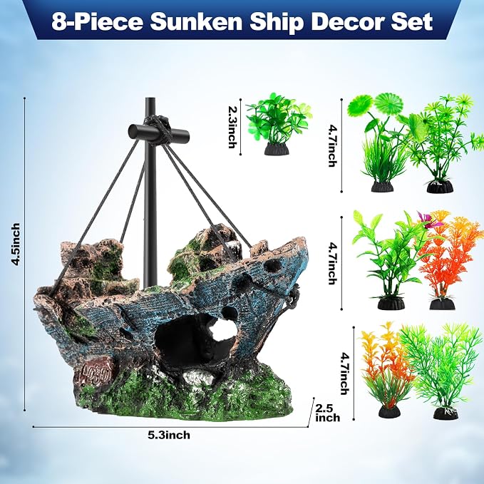 CousDUoBe 8 Pack Fish Tank Decoration Set Aquarium Accessories，Sunken Ship Decoration Aquarium Plants — Safe Resin Fish Tank Decor for Betta, Shrimp (5.3 x 2.5 x 4.5 inches)