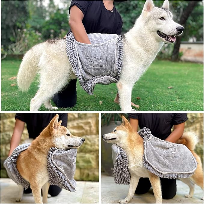 Tuff Pupper Quick Dry Towel for Dogs | Ultra Absorbent Microfiber Shammy | Extra Large 35x15 Size Dog Bath Towel | Comfortable Hand Pockets | Indoor Outdoor Use | Durable Material | Machine Washable