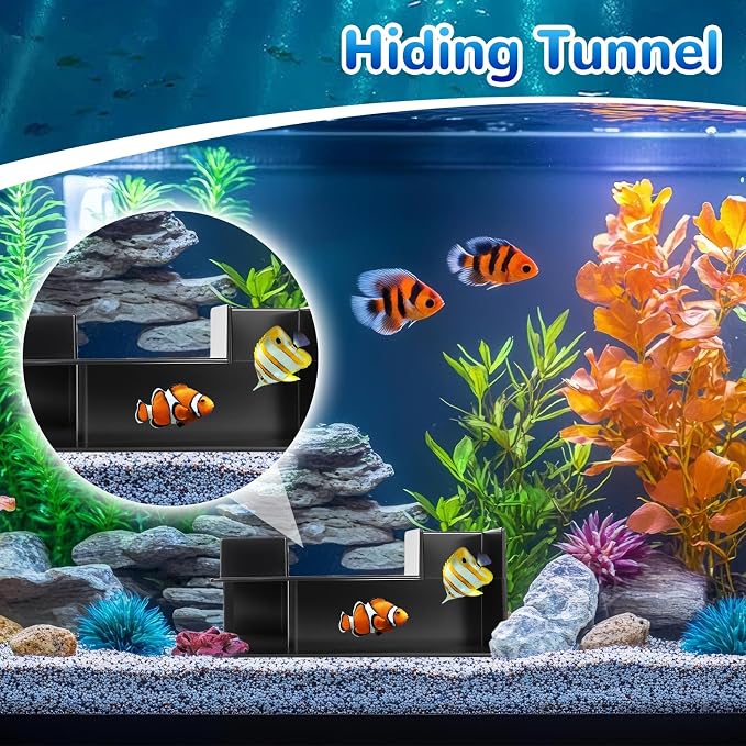 Aquarium Underground Tunnel 5", Dual-Entrance Fish Tank Cave | Aquarium Cave with Clear 360° Viewing, Shrimp Hideout, Substrate Buried Decor for Betta, Corydoras, Loaches, Black