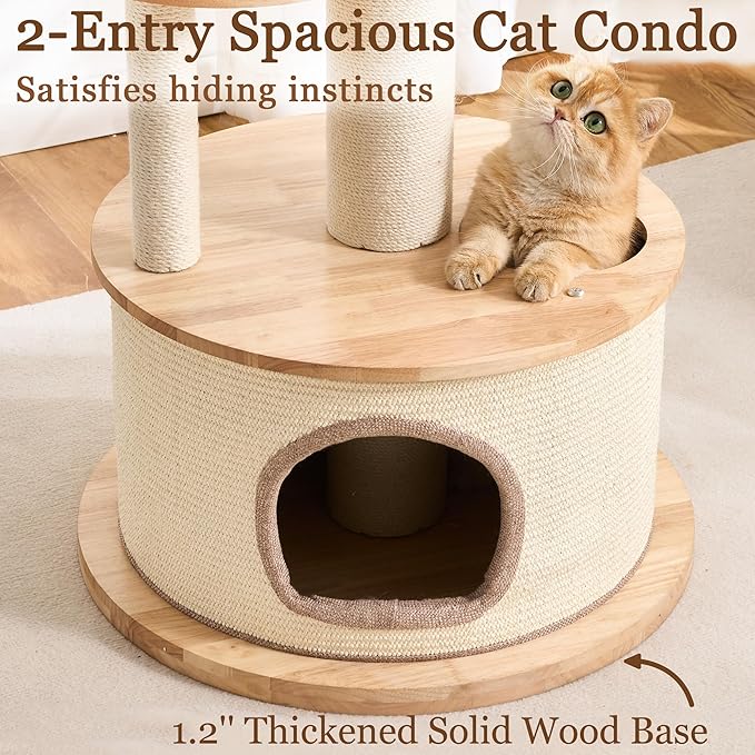 Modern Cat Tree Tower with Scratching Post for Indoor Cats Large Adult, 60 inch Tall Solid Wood Multifunctional Cat Tree Tower with Bed, Space Capsule, Sisal Wrapped Condo, Multiple Cats Use