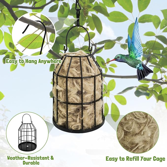 Bird Nesting Material Holders, 2 Pack Refillable Hummingbird Nest Cages Sets with Natural Mixing Cotton Material for Wild Birds, Outdoor Indoor Patio Garden Hanging Decor for Bird Lovers