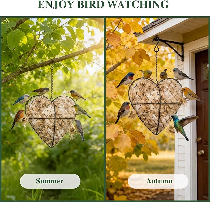 2 Pack Handmade Alpaca Fiber Bird Nesting Heart & Hanging Metal Mesh Bird Feeder Tray Kit - Outdoor Wild Bird Feeding & Nesting Kit for Garden, Patio, Backyard, Hummingbirds & Cardinals