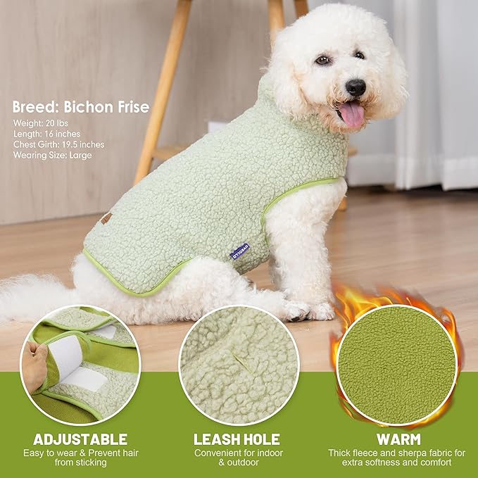 cyeollo Warm Dog Coat Fleece Sherpa Winter Sweater Coats, Turtleneck Dog Jacket Vest for Small Medium Large Dogs with Leash Hole, Soft Reversible Pet Coats for Cold Weather, Green, S