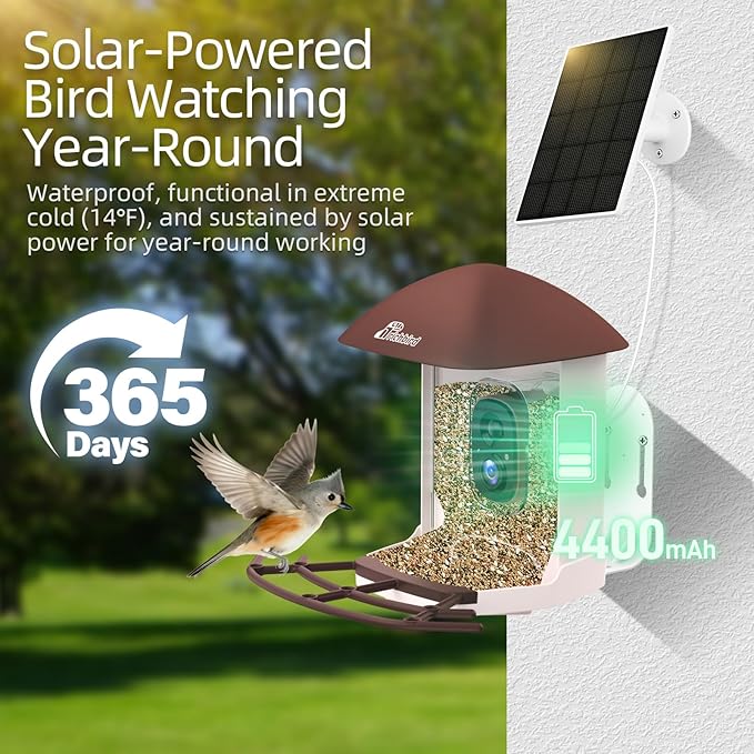 Smart Bird Feeder with Camera Solar Powered, 2.5K HD Birdwatching Camera with Free AI Bird Identification, Instant Notifications & Auto Video Capture, Brown