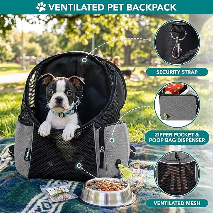 PetAmi Dog Front Carrier Backpack, Ventilated Adjustable Dog Pet Cat Chest Carrier Backpack, Dog Carrier for Hiking Camping Travel, Small Dog Puppy Medium Cat Carrying Bag, Max 14 lbs, Grey