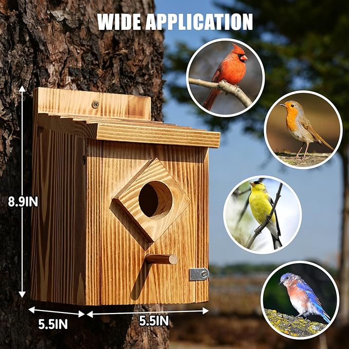 Waterproof Wooden Blue Bird House, Weather Treated Bluebird Box Houses for Outdoors, Nesting Box for Wrens, Swallows, Finches, Chickadee
