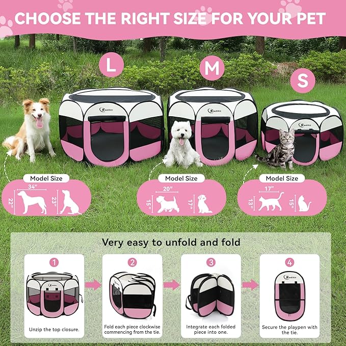 Siedihit Dog Cat Playpen, Puppy Pet Playpen Indoor for Small Dog Crate Tent Cage Outdoor, Portable Pop Up Dogs Enclosure Kennel with Carrying Case for Dogs/Cats/Rabbits(Pink, Small with pad)