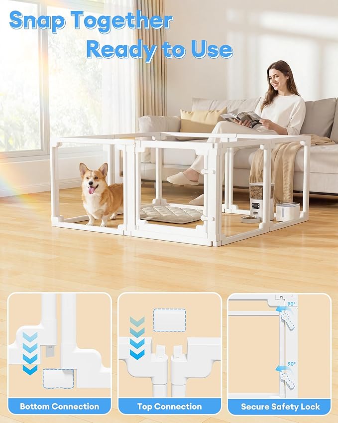 Clear Acrylic Dog Playpen Indoor,Tool-Free Assembly & Easy Clean,24 in Puppy Playpen with Door for Small Dogs/Cats/Rabbits/Pigs/Ferret,Indoor and Outdoor Use,8 Panels(White