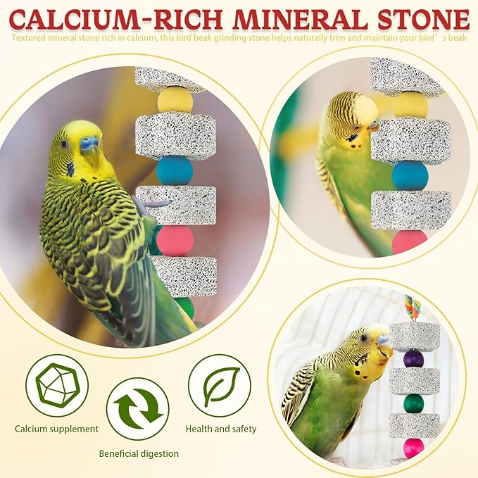 2 Pack Parrot Chewing Toys, Bird Beak Grinding Calcium Stone with Bell, Lava Mineral Block Cage Accessories for Parakeet Budgie Macaw Cockatoo Cockatiel Rat, Long