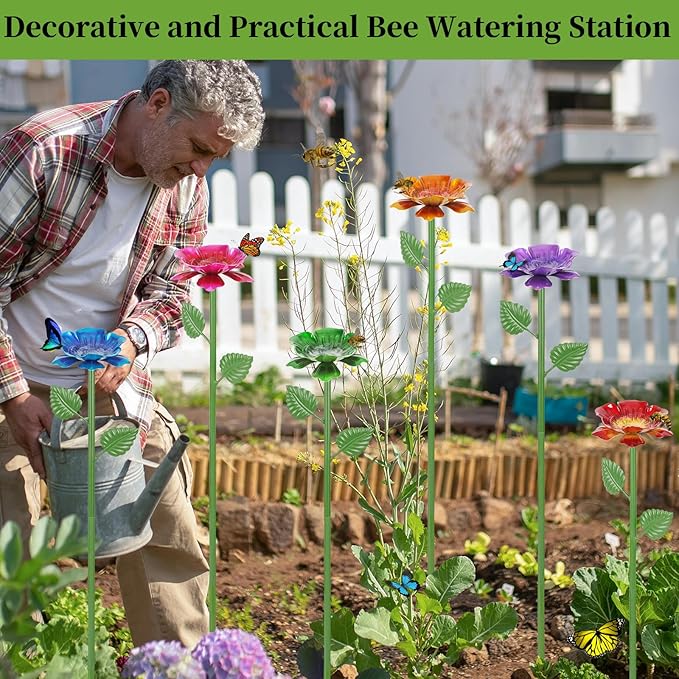 2 Pack Bee Watering Station - Flowers Butterfly Feeder, Bee Water Feeders for Outside, Metal Garden Decor, Bee Baths for Garden Yard Patio (Blue,Yellow)