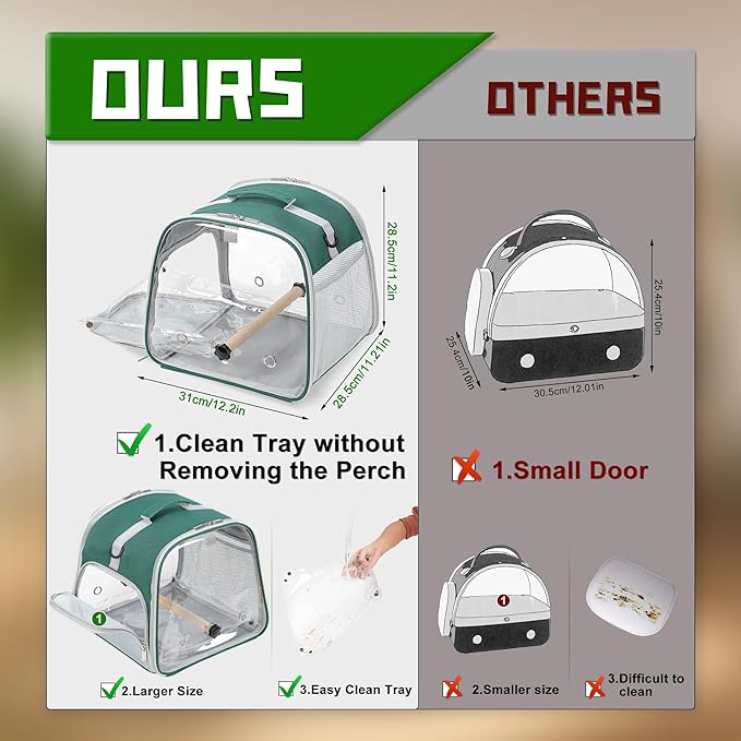 Small Bird Carrier, Large Window Travel Cage with Stand and Easy Clean Tray for Parrot Parakeet Cockatiels, Lightweight and Portable, Green