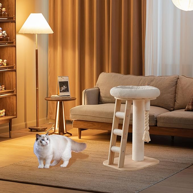 Modern Cat Tree Small Tower with Scratching Post for Indoor, Solid Wood Multifunctional Corner Cat Tree Tower with Bed