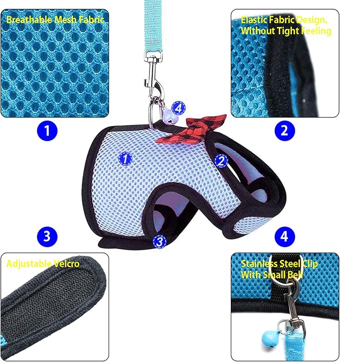 Rypet Ferret Harness and Leash - Soft Mesh Small Pet Harness with Safe Bell, No Pull Comfort Padded Vest for Guinea Pig, Hamster, Rats and Similar Small Animals