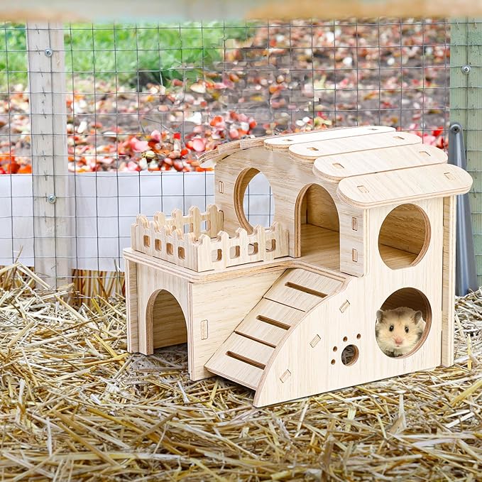 WRINGKIT Wood Hamster House, Tiny Maze Hamster Hideout, Fun Slide Gerbil House with Window, Detachable Double Decker Hut for Hamster Dwarf Mice Mouse Small Animals
