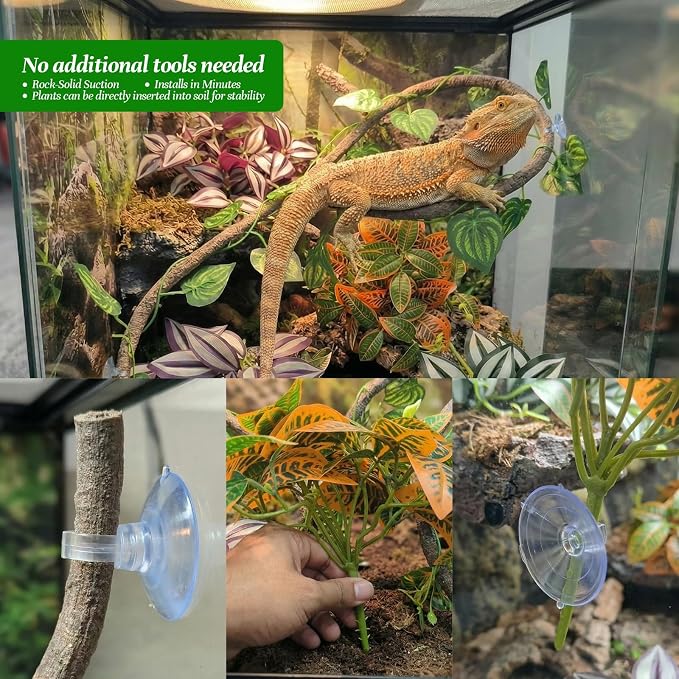 5 Pcs Reptile Plants & Habitat Decor Kit - 3 Artificial Hanging Plants & Large 3.3ft Jungle Vine Branch, Terrarium Tank Climbing Accessories for Crested Gecko, Bearded Dragon, Lizard, Snake, Chameleon