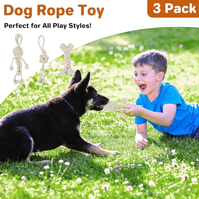 3 Pack Cotton Rope Dog Toy Set, Indestructible Chew Toys for Aggressive Chewers, Puppy Teething Toys with Bone, Human & Chinese Knot Designs for Boredom Relief & Tug of War， White