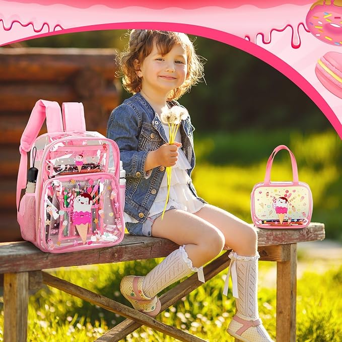 Kacctyen 3 Pcs Clear Backpack Heavy Duty Clear Stadium Bag Transparent Backpack with Lunch Bag(Pink,Ice Cream)