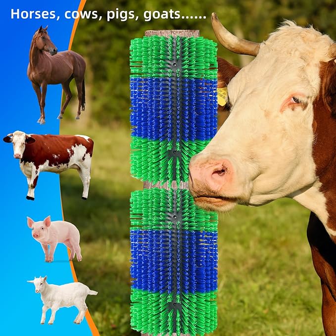 Extra Large Size Livestock Scratching Brush, Upgraded Horse/Goat/Cow/Cattle Scratcher Brush for Grooming, Itch Relief Horse Scratcher Brushes Kit with Two Sets of Mounting Screws(4-Pack,Green)