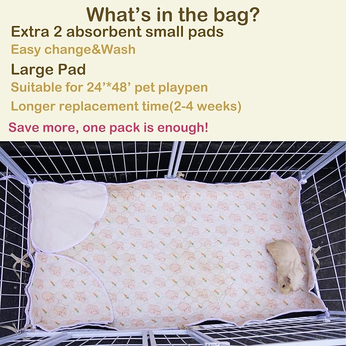 Washable Guinea Pig Cage Liners with High Sides, 24’’×48’’ Reusable Fleece Pee Pads for Guinea Pigs Cages, Rabbits, Bunny, Waterproof & Super Abosorbent Liner Mat for Dog, Ferret, Chinchilla