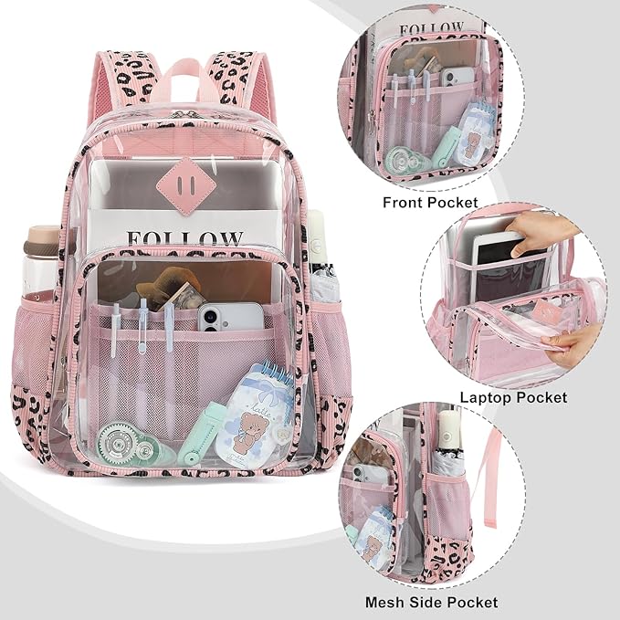 Clear Backpack for Girls Women School Bookbag Heavy Duty Transparent Backpacks (Pink Corduroy Leopard)