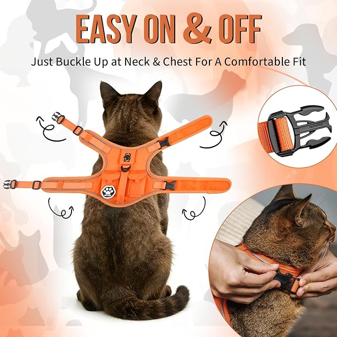 OneTigris Tactical Cat Harness and Leash - Escape Proof Soft Adjustable Cat Harness, Breathable, Comfortable, Durable Water-Resistant Vest with Reflective Strips and Pocket for Cat Tracker