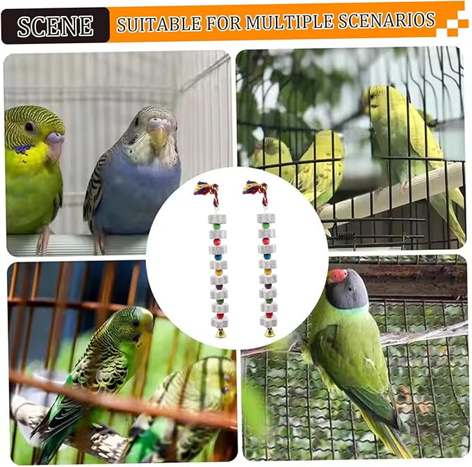 2PCS Bird Beak Grinding Stone, 13.8" Mineral Block for Birds with Bell, Hanging Parrot Chewing Toys for Cage Budgies Cockatiel Hamster Chinchilla