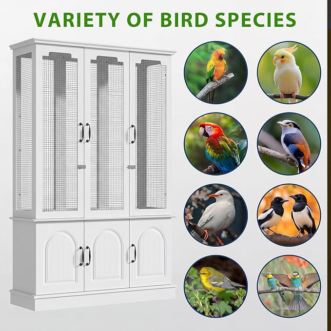 70.8" Tall White Bird Cage with Storage Cabinet, Large Flight Parrot Cage with Lock and 4-Sided Metal Mesh Design, DIY-Friendly, 47.2" Wide Bird Cages for Parakeets, Cockatiels, Finches