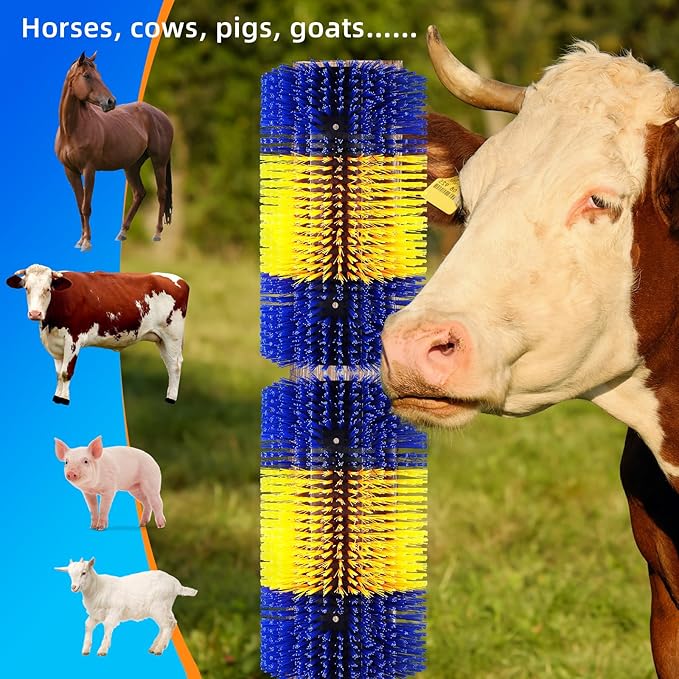 Extra Large Size Livestock Scratching Brush, Upgraded Horse/Goat/Cow/Cattle Scratcher Brush for Grooming, Itch Relief Horse Scratcher Brushes Kit with Two Sets of Mounting Screws(8-Pack,Yellow)