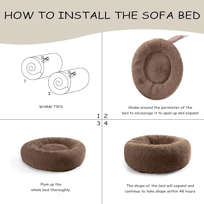 Bunlitent 46'' inch Calming Dog Bed, Plush Anti-Anxiety Donut Dog Bed for Large Dogs, Warming Cozy Soft Cute Round Washable, Marshmallow Cuddler Nest Pet Bed, Brown