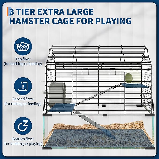 Hamster Cage Starter Kits, Guinea Pig Cage with 3-Layer Platform,Wheel,Water Bottle, Hideout,Bowl Accessories, Pet Rat Cage for Chinchillas, Hedgehog, Syrian, Gerbil-Chew Proof Metal