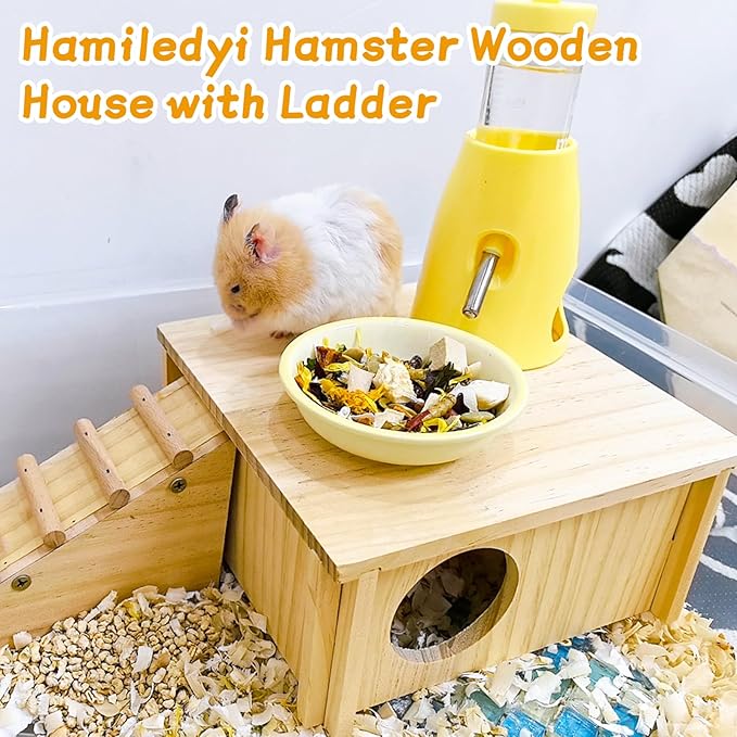 Hamster Wooden House with Ladder Hamster Wood Hideout Activity Platform Exercise Climbing Hut Natural Living Wood Room for Syrian Hamster Gerbil Mice Rat