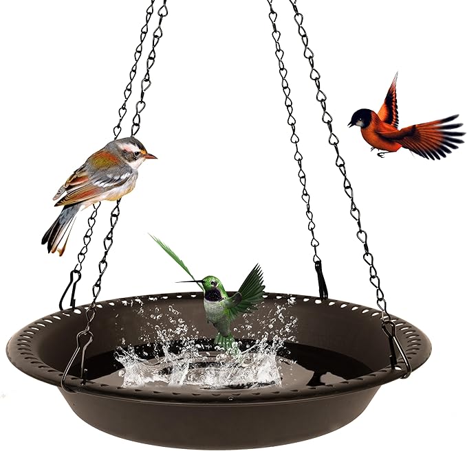 OVZILKI 14 inch BirdBath Bowl Only with 25” Rust-Proof Black Chains, Bird Baths for Outdoors Heavy Duty, Hanging Bird Bath Hanging Bird-Feeder for Garden Backyard Decor (Brown 1 Pack)