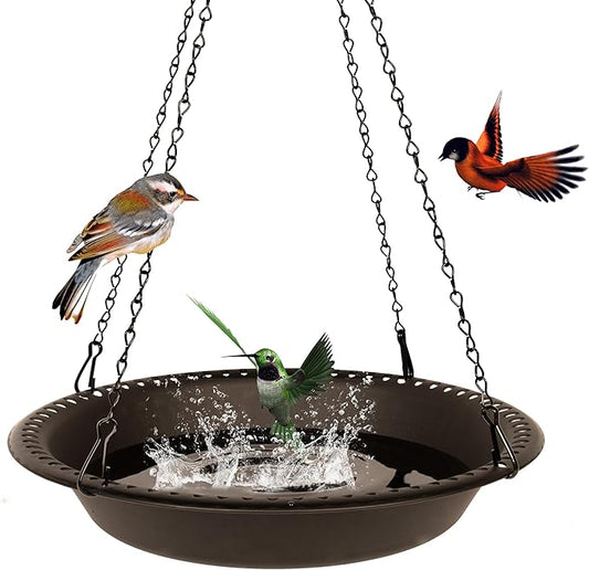 OVZILKI 14 inch BirdBath Bowl Only with 25” Rust-Proof Black Chains, Bird Baths for Outdoors Heavy Duty, Hanging Bird Bath Hanging Bird-Feeder for Garden Backyard Decor (Brown 1 Pack)