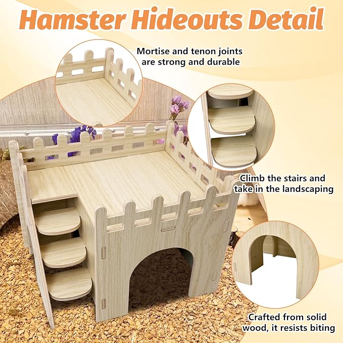 BNOSDM Hamster Hideout Set Gerbil Wooden House with Stairs Wood Hide Hut with Fun Slid Seesaw Cage Accessories for Dwarf Hamsters Mouse Mice
