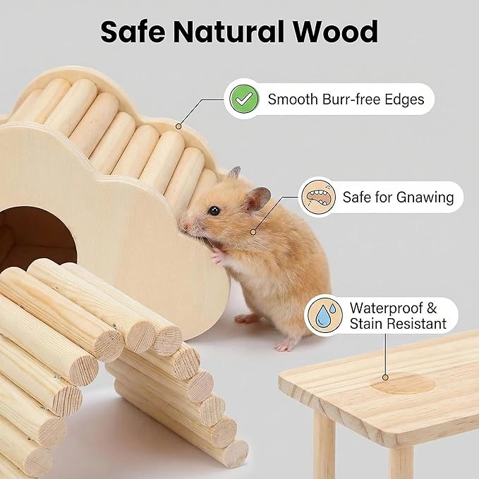 4 Pcs Hamster Platforms Wooden Ladder Bendy Bridge Fence Hidden Play House Hamster Game Climbing Toy with Platform Decor Cage Accessories for Dwarf Syrian Mice Degus Gerbils Squirrel Small Pets