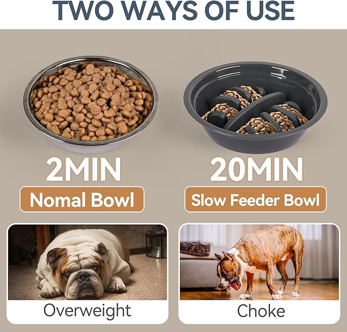 PAWISE Elevated Dog Bowls, Raised Dog Bowl with Slow Feeder Bowl & Stainless Steel Bowls, 5 Heights Adjustable Dog Feeding Bowl Stand for Small Medium Large Dogs, Food Dishes with Non-Slip Feet