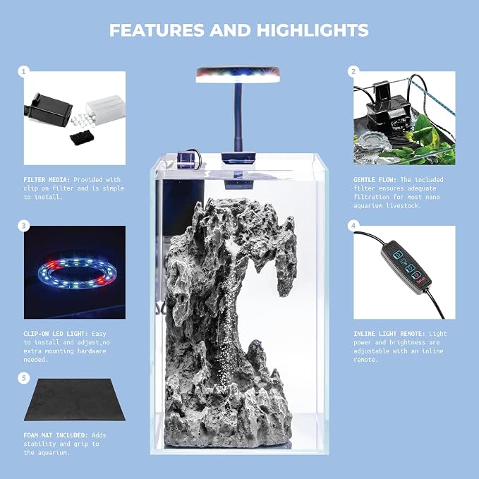 Sand Waterfall Tank Kit - Silent Operation Falling Sand Fish Tank w/LED Light and Self Cleaning Filtration - Desktop Rimless Starter Aquarium Kit, Just Add Plants - 3.38GAL | 12.8L (B1)