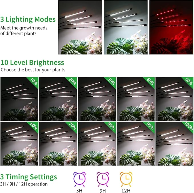 RWNTAO Grow Lights for Indoor Plants,168 LEDs Clip Plant Lights, Full Spectrum LED Plant Growing Lamps with Flexible Gooseneck, 3/9/12H Timer, 3 Spectral Modes, 10 Dimmable Levels, 4 Head