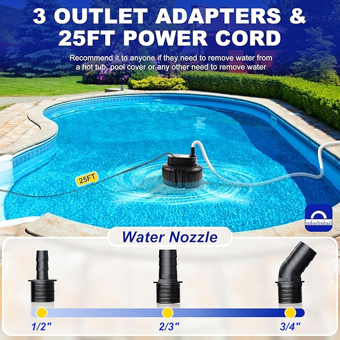 Pool Cover Pump above Ground-Submersible Sump Pump Swimming Water Removal Pumps, Sump Pumps for Pool Draining with 16ft Drainage Hose & 25 ft Extra Long Power Cord,850 GPH,3 Adapters-Black