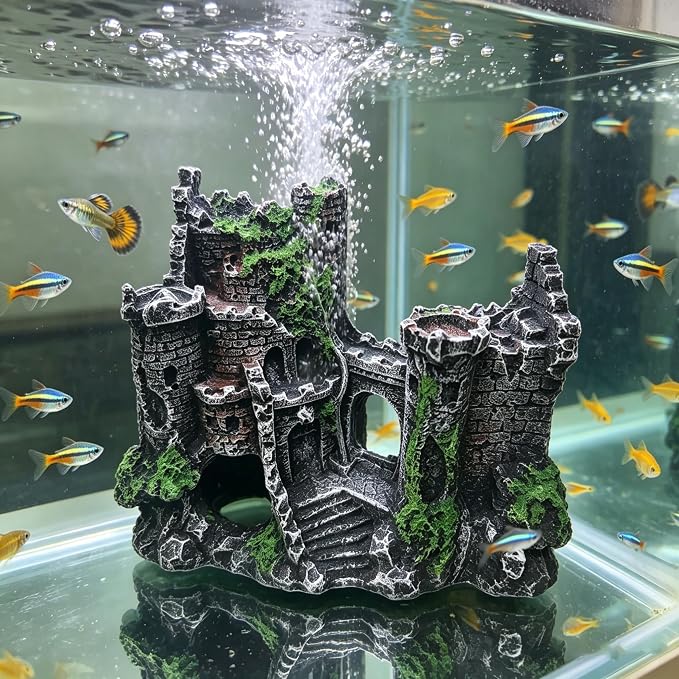 Aquarium Castle Bubbler Decorations, Resin Fish Tank Accessories with Air Bubbler, Fish Tank Cave Hideout for Betta & Small Fish, Aquarium Decor with Air Holes,(Air Pump is Not Include)