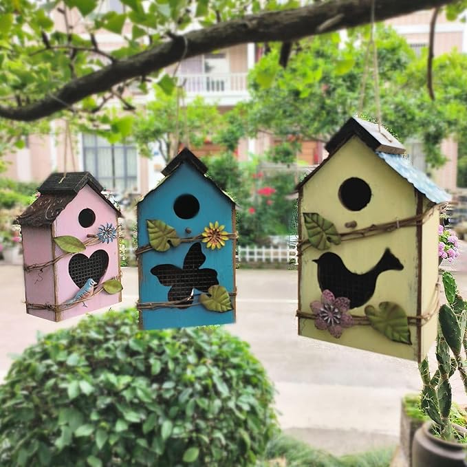 Generic Wood Bird House for Outside, 10"" H Hanging Bird House with Waterproof Metal Roof, Vintage Rustic Decorative Birdhouse Wooden Bird Nest Box for Outdoor Garden Yard Decorations (Pink)