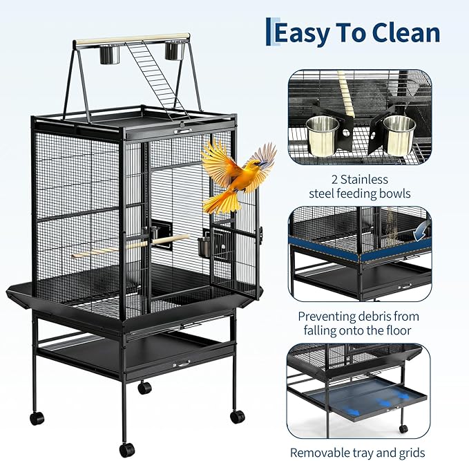 69" H Extra Large Bird Cage with Play Top & Rolling Stand, Wide Metal Parrot Cage for Macaws, Parakeets, Cockatoos, Conures, Lovebirds, Includes Bowls