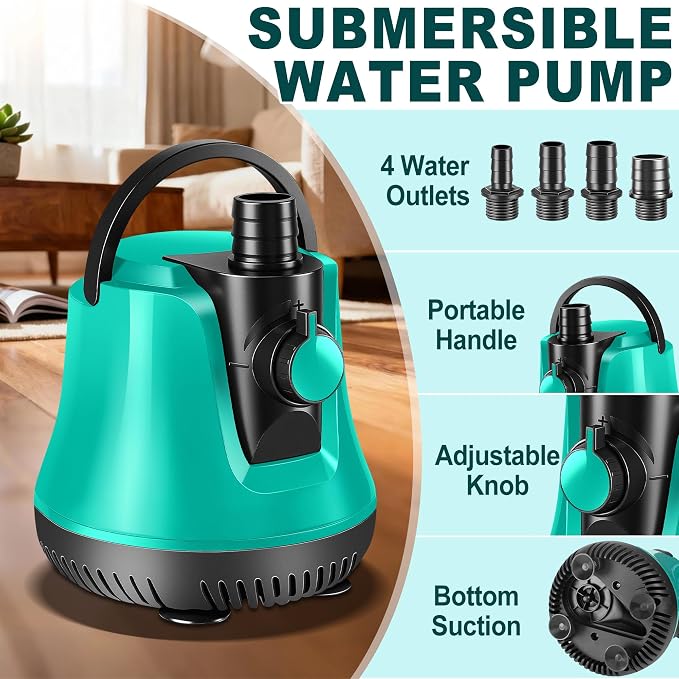 RovPool Sump Pump Submersible, Adjustable Pool Cover Pump Above Ground | Portable Electric Water Removal Pump with 10ft Hose, 4 Adapters Water Pump for Pool Draining,Fish Tank,Pond, 950GPH