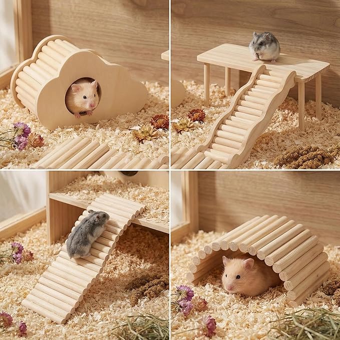 4 Pcs Hamster Platforms Wooden Ladder Bendy Bridge Fence Hidden Play House Hamster Game Climbing Toy with Platform Decor Cage Accessories for Dwarf Syrian Mice Degus Gerbils Squirrel Small Pets