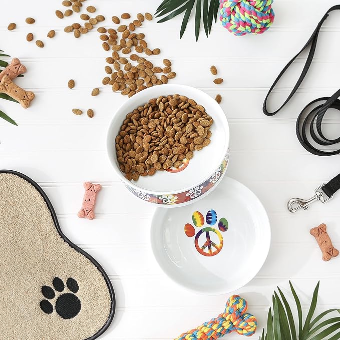 Bone Dry Ceramic Food Bowls, Non-Slip & Dishwasher Safe, Large Set, 7.5x2.4, Peace Paw, 2 Count